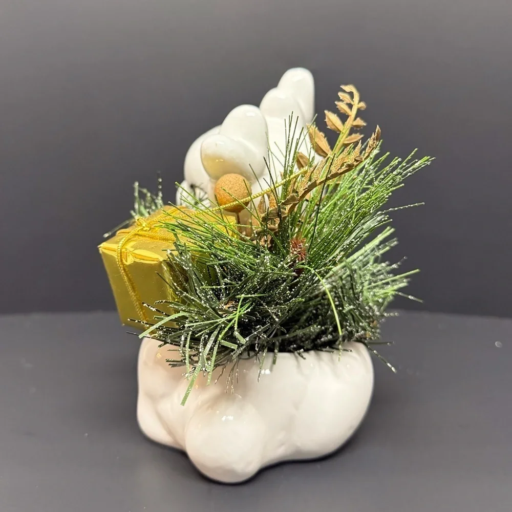 1990’s White Ceramic Sitting Reindeer Planter Holiday Gold Bow & Greenery EUC